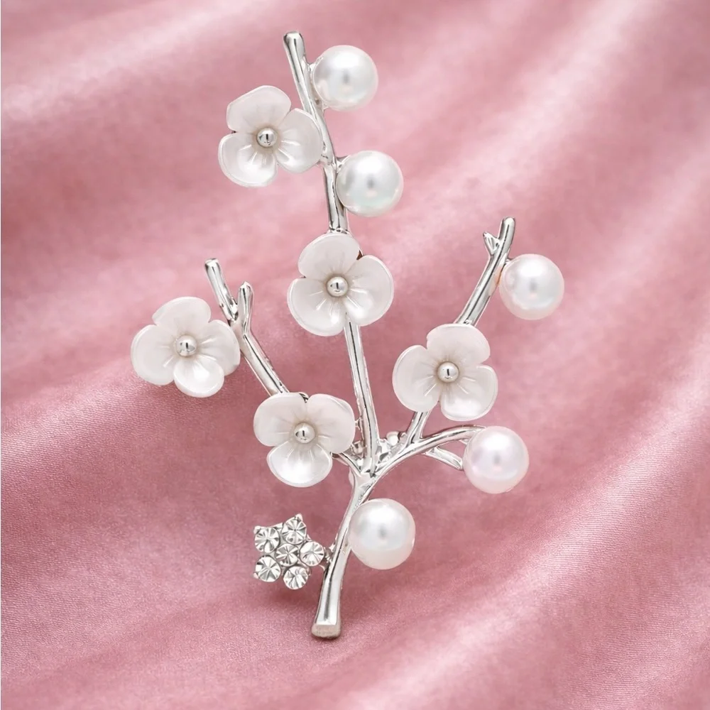 Cherry Silver Blossom Pearl Branch Brooch